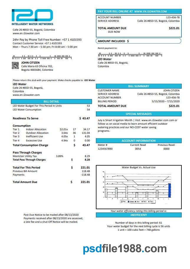 Colombia i2O Water Utility Bill